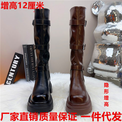 复古三扣显瘦增高女高筒骑士靴