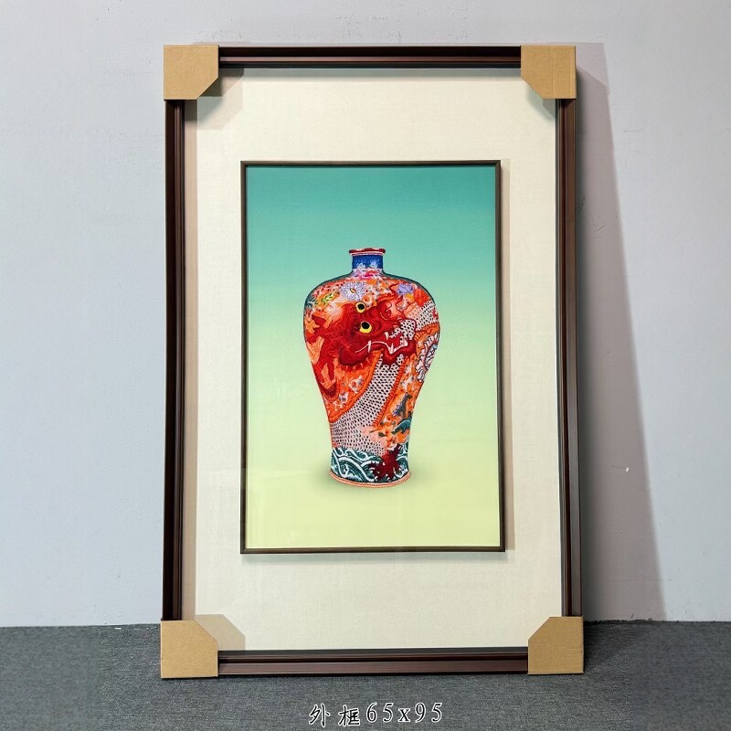 苏绣成品挂画手工苏州刺绣书房装饰画高档玄关画打籽绣青花瓶龙瓶