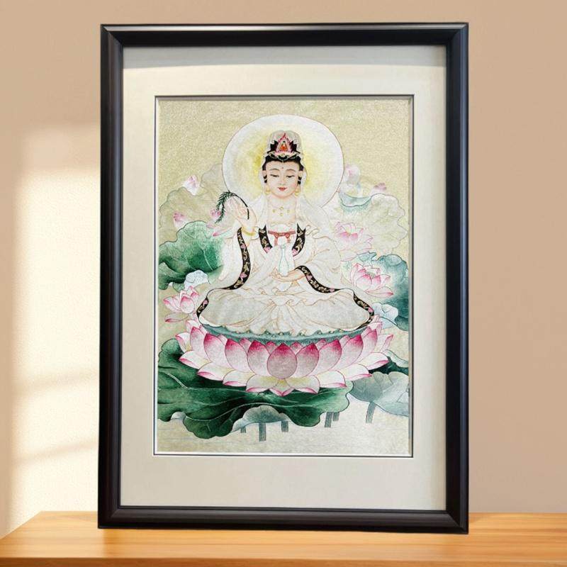 苏绣成品装饰画莲花坐莲观音菩萨