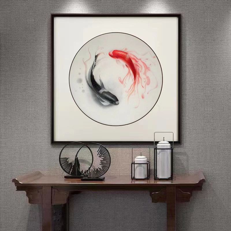 田心朱朱绣娘手工苏绣成品装饰画阴阳太极八卦鱼红黑双鱼如鱼得水