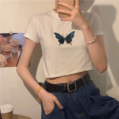 Embroidered summer new high waist exposed navel short butterfly short sleeve T-shirt women's versatile slim and sexy fashion