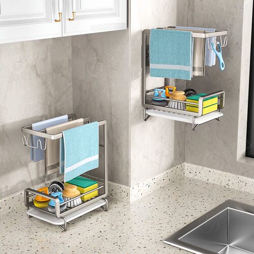 抹布架厨房置物架沥水架免打孔台面挂海绵毛巾厨房用品专用收纳层