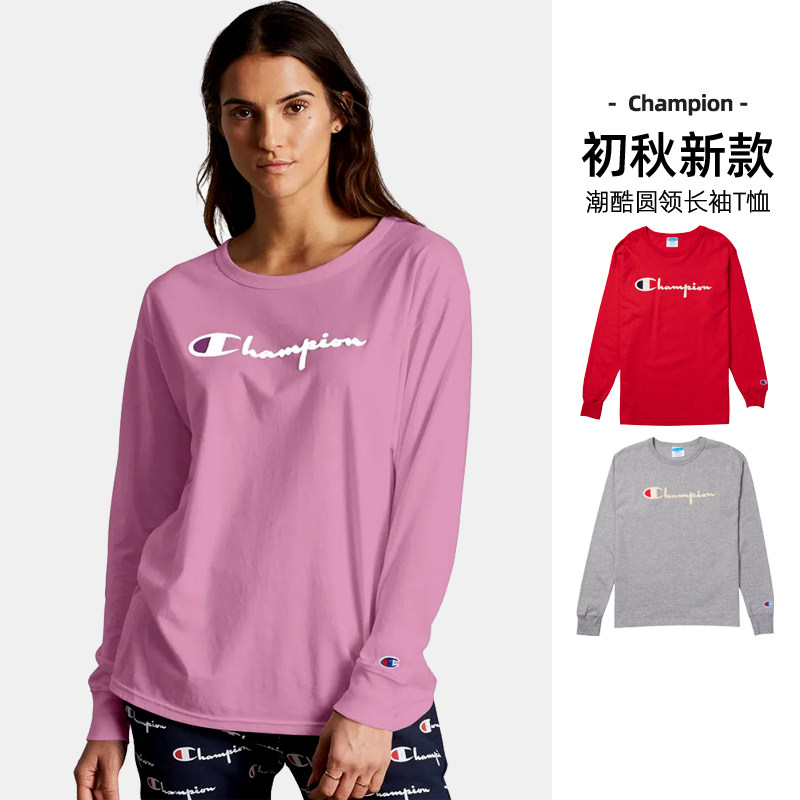 潮美版champion冠军t恤女植绒印花logo圆领情侣款长袖打底衫秋集c