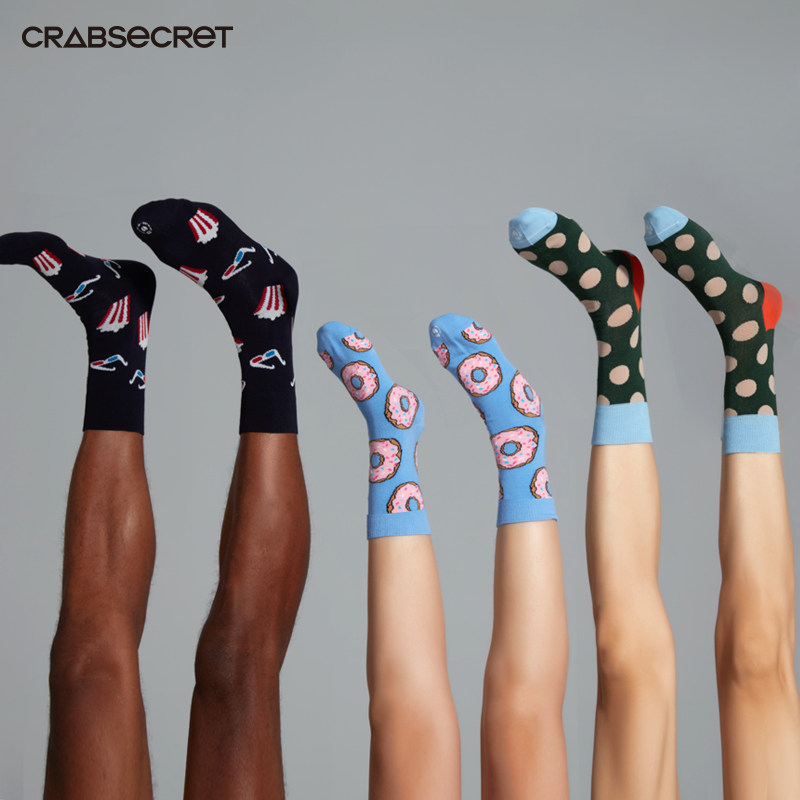 3双装 螃蟹秘密袜子男女中筒棉袜长袜日系印花情侣潮袜