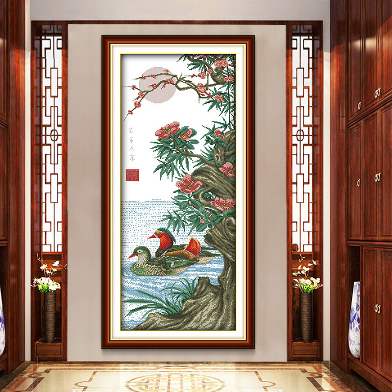 针爱99十字绣 长鸳鸯戏水 两只鸭子图案清晰印花新款玄关竖款客厅