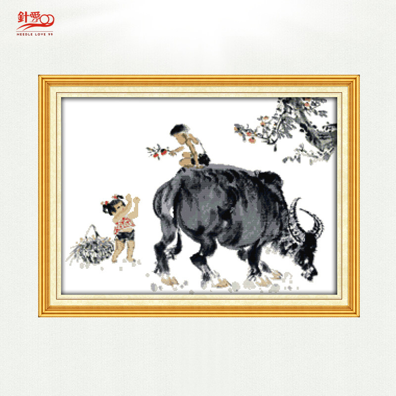 针爱99 新款客厅玄关装饰挂画 牧童清晰印花十字绣越南风情放牛娃