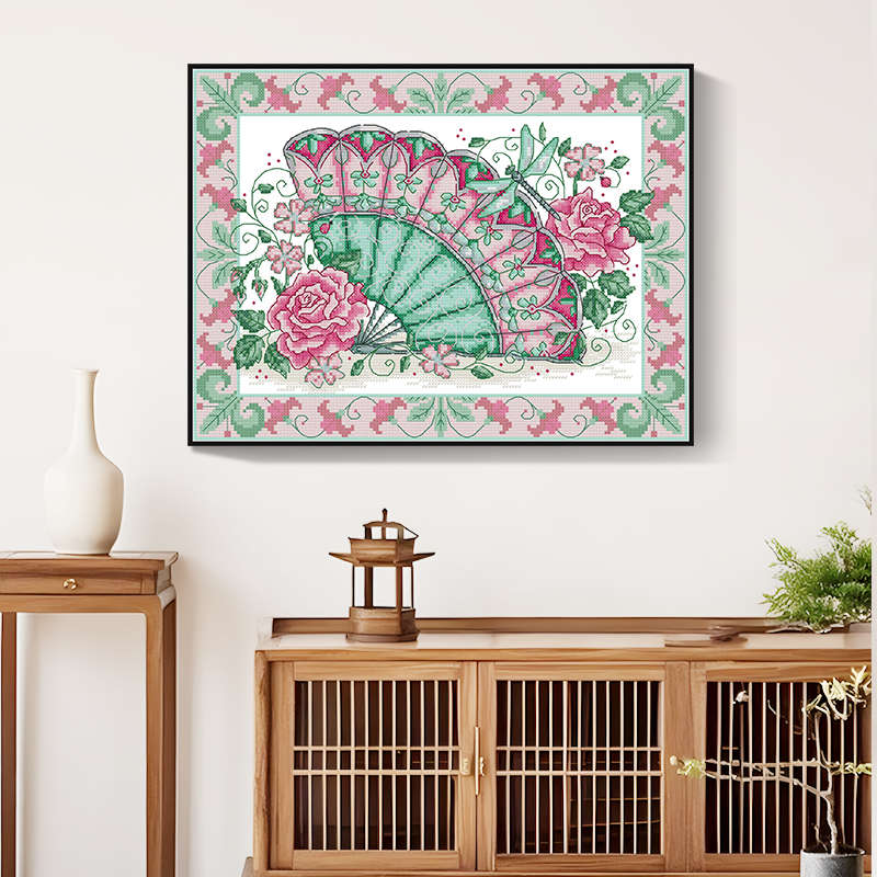 针爱99玫瑰花扇十字绣高清印花款