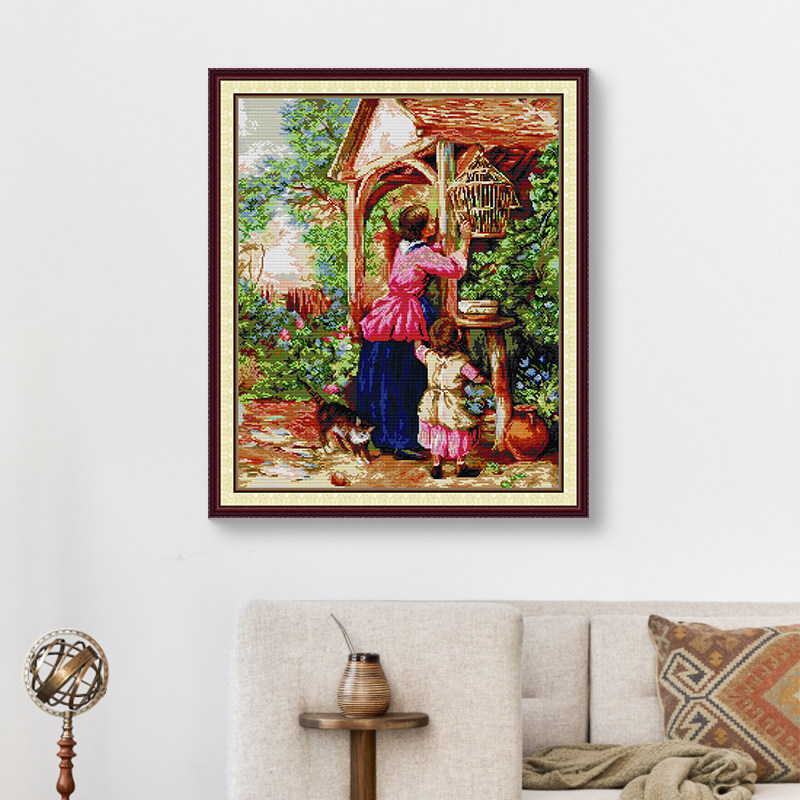 喂鸟二十字绣2026新款线绣人物欧式风景高级感客厅画手工刺绣满绣