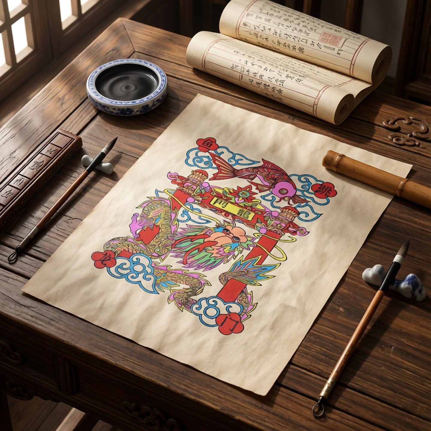 非遗手工拓印老年画武强木版年画鱼跃龙门鲤鱼画收藏送礼九子争头