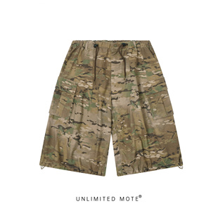 Unlimited Mote〔迷彩七分阔腿工装裤〕日系水洗纯棉抽绳短裤