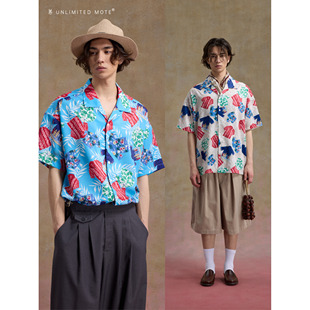 Unlimited Mote〔满印ALOHA〕古巴领夏威夷短袖衬衫 丝滑涤氨