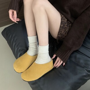 真皮内增高森系加绒勃肯鞋女小众黄色系温柔乐福鞋单鞋棉鞋包头拖