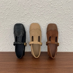 复古绒面平底单鞋女春秋新款百搭一脚蹬软底美拉德玛丽珍芭蕾舞鞋