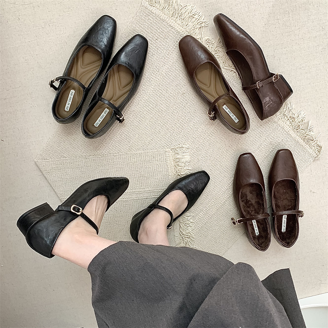 单鞋方头加绒女鞋一字带搭扣