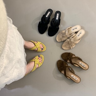 休闲度假百搭粗跟露趾凉拖女 外穿夏季 法式 小众方头交叉带编织拖鞋