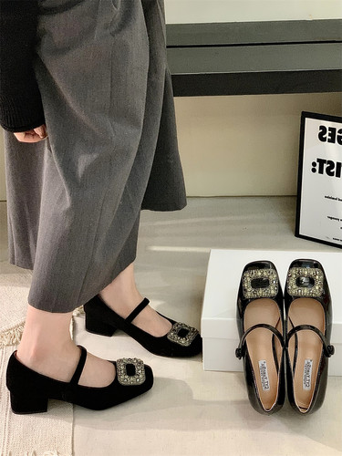 方扣水钻粗跟方头中高跟鞋魔术贴