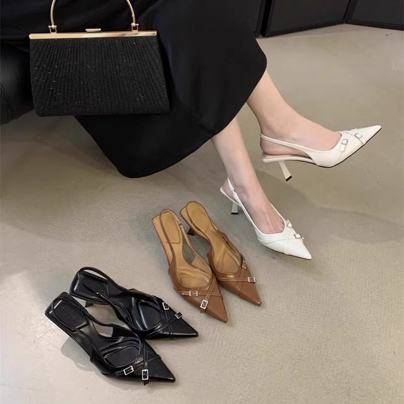 小众法式黑色高跟鞋包头凉鞋女鞋子2025新款夏季气质名媛尖头单鞋