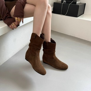 真皮内增高勃肯鞋短靴女2024春秋新款秋冬法式复古堆堆靴骑士靴子