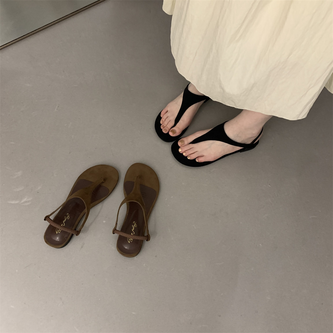 平底复古度假风夹脚凉鞋仙女鞋子2025新款夏季黑色百搭沙滩罗马鞋