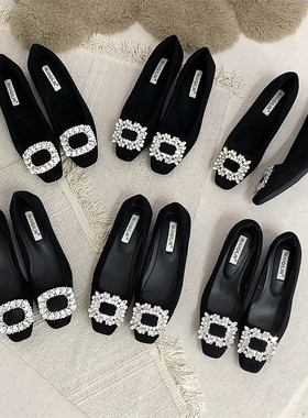 韩版气质水钻单鞋粗跟高跟鞋女款鞋秋冬款晚晚鞋法式女鞋黑色鞋子