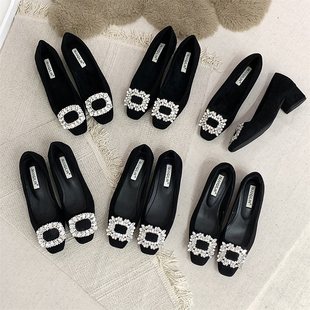 韩版气质水钻单鞋粗跟高跟鞋女款鞋秋冬款晚晚鞋法式女鞋黑色鞋子