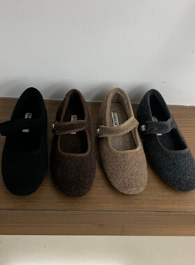 圆头平底毛毛灰色玛丽珍毛呢单鞋女2025冬季晚晚风配裙加绒豆豆鞋