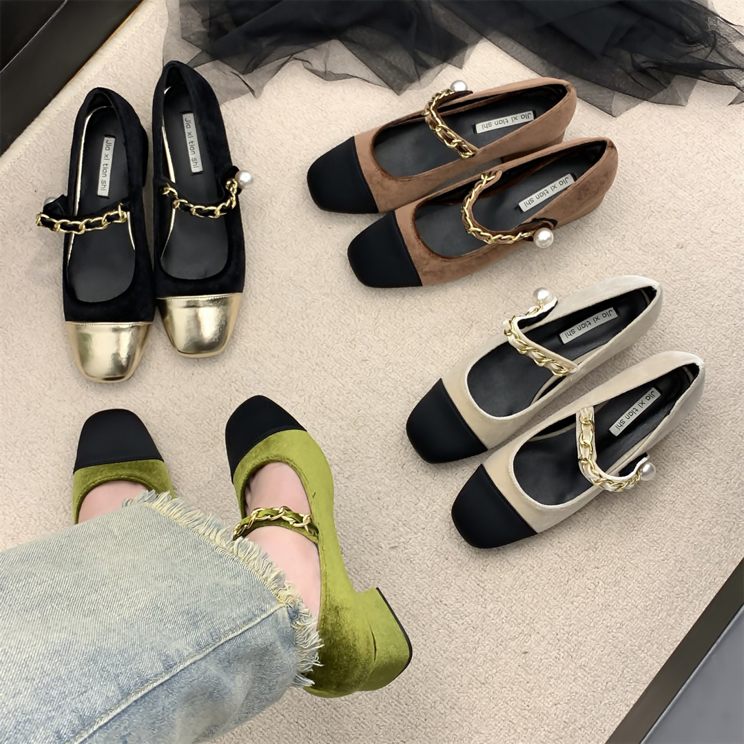 法式粗跟方头小香风玛丽珍鞋单鞋女鞋子2023新款春秋季丝绒晚晚鞋