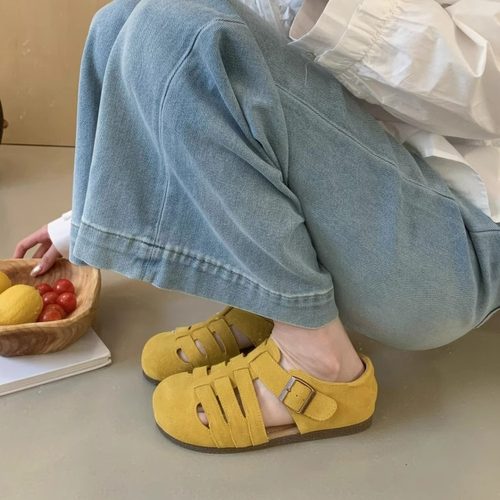 牛皮版~文艺复古镂空鱼骨罗马鞋猪笼单鞋休闲平底勃肯鞋凉鞋女夏