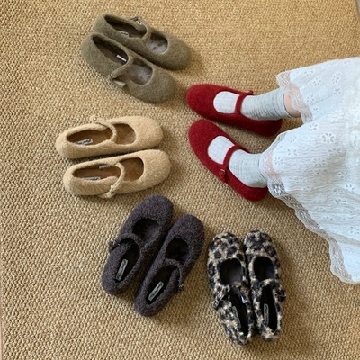 复古豹纹圆头玛丽珍毛毛鞋女鞋子外穿2025新款秋冬季加绒棉鞋单鞋