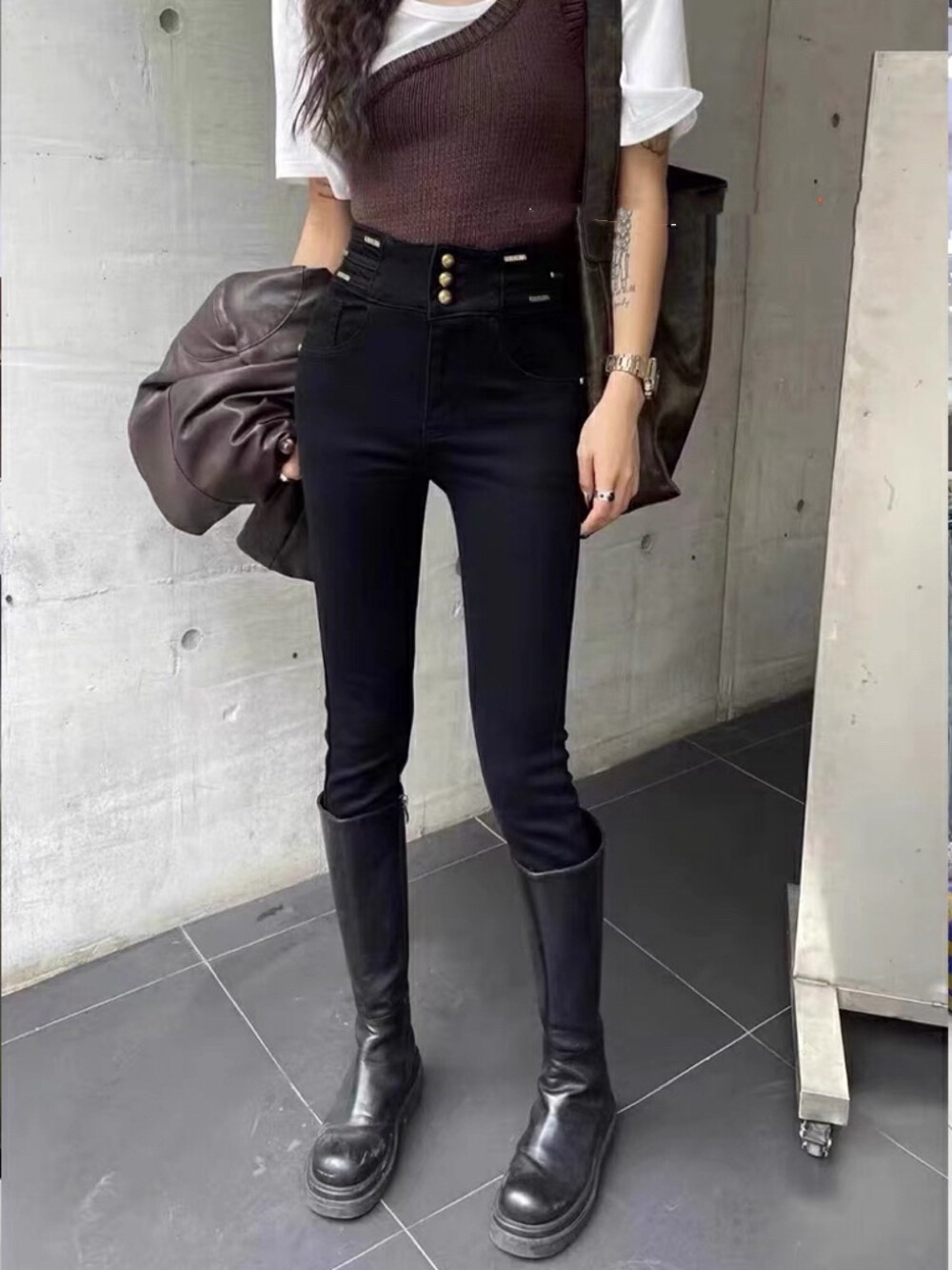 秋冬新款加厚植绒三扣高腰弹力收腹显瘦毛边复古小脚铅笔牛仔裤女