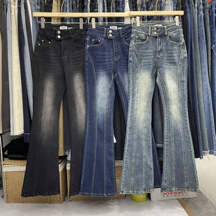 梵思羽秋季新款高腰显瘦鱼骨线设计感弹力气质女神微喇叭牛仔裤