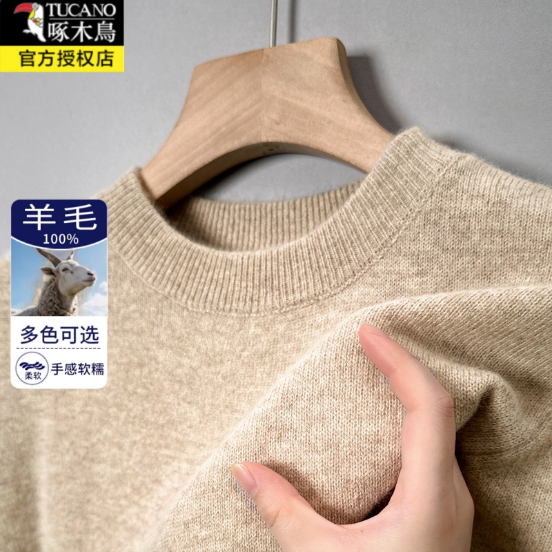 啄木鸟100%羊毛衫男加绒加厚保暖