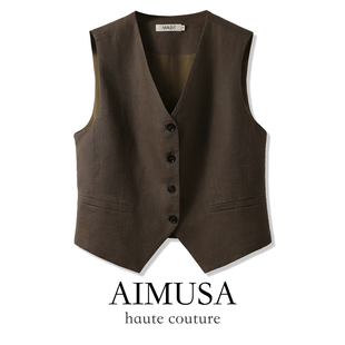 气质高级感棉麻马夹 乌木棕纯亚麻马甲背心女夏薄款 AIMUSA 26夏季