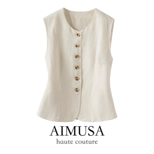 女无袖 老钱风亚麻背心马甲夏款 背心坎肩马夹上衣 25夏季 AIMUSA