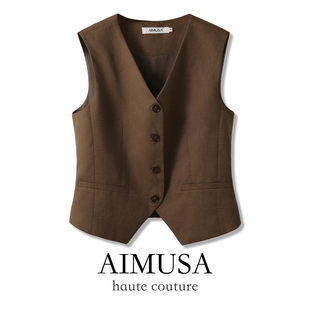 气质休闲无袖 老钱风亚麻马甲背心女夏薄款 坎肩马夹上衣 焦糖咖