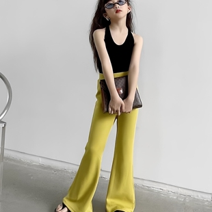 豆丁韩国童装薄款绿色垂坠感大童条纹嗽叭裤韩范童装女童裤子黄色