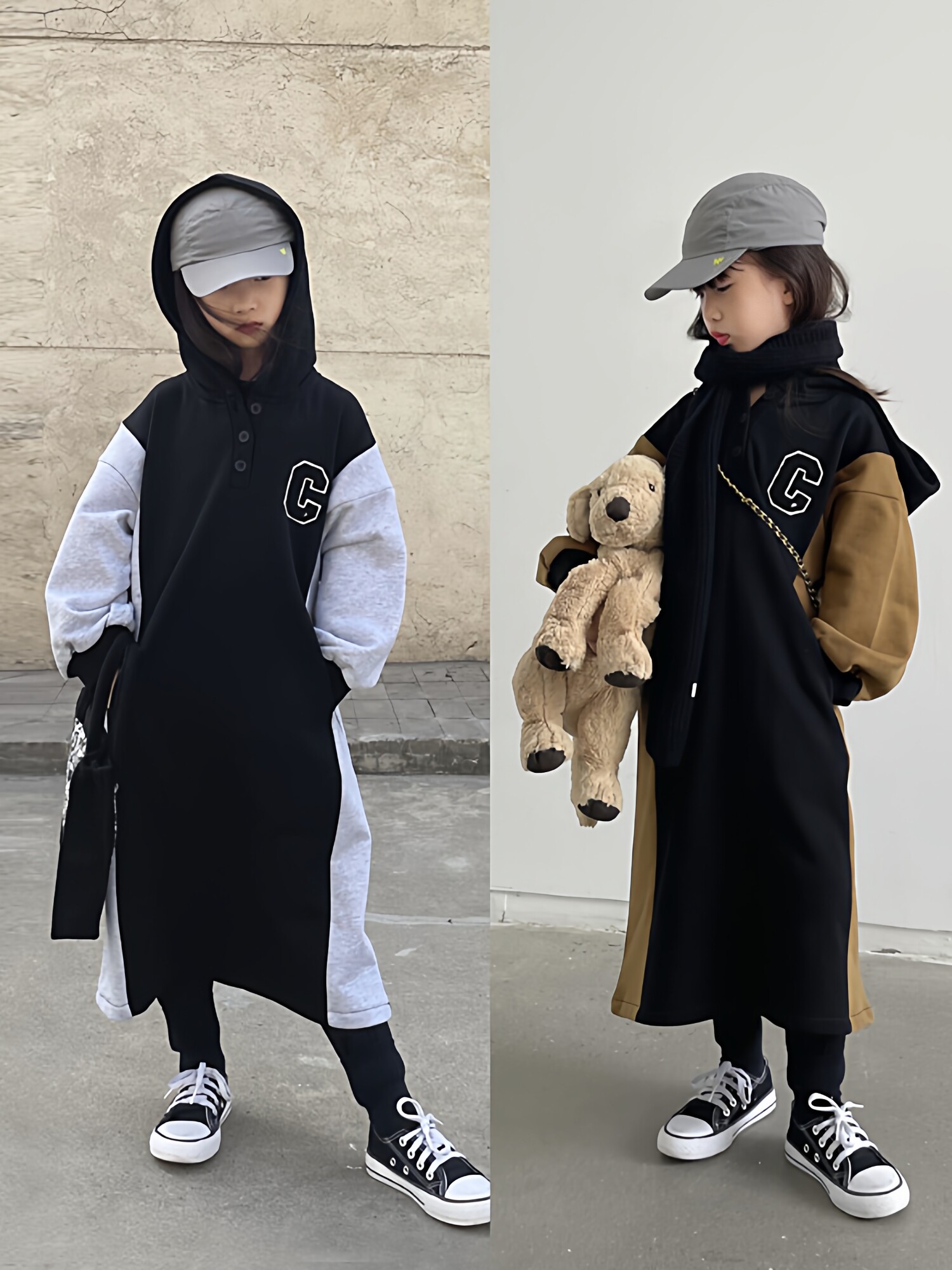 豆丁男女童连衣裙全棉拼色秋冬加绒长款套头连帽衫宽松直筒卫衣裙