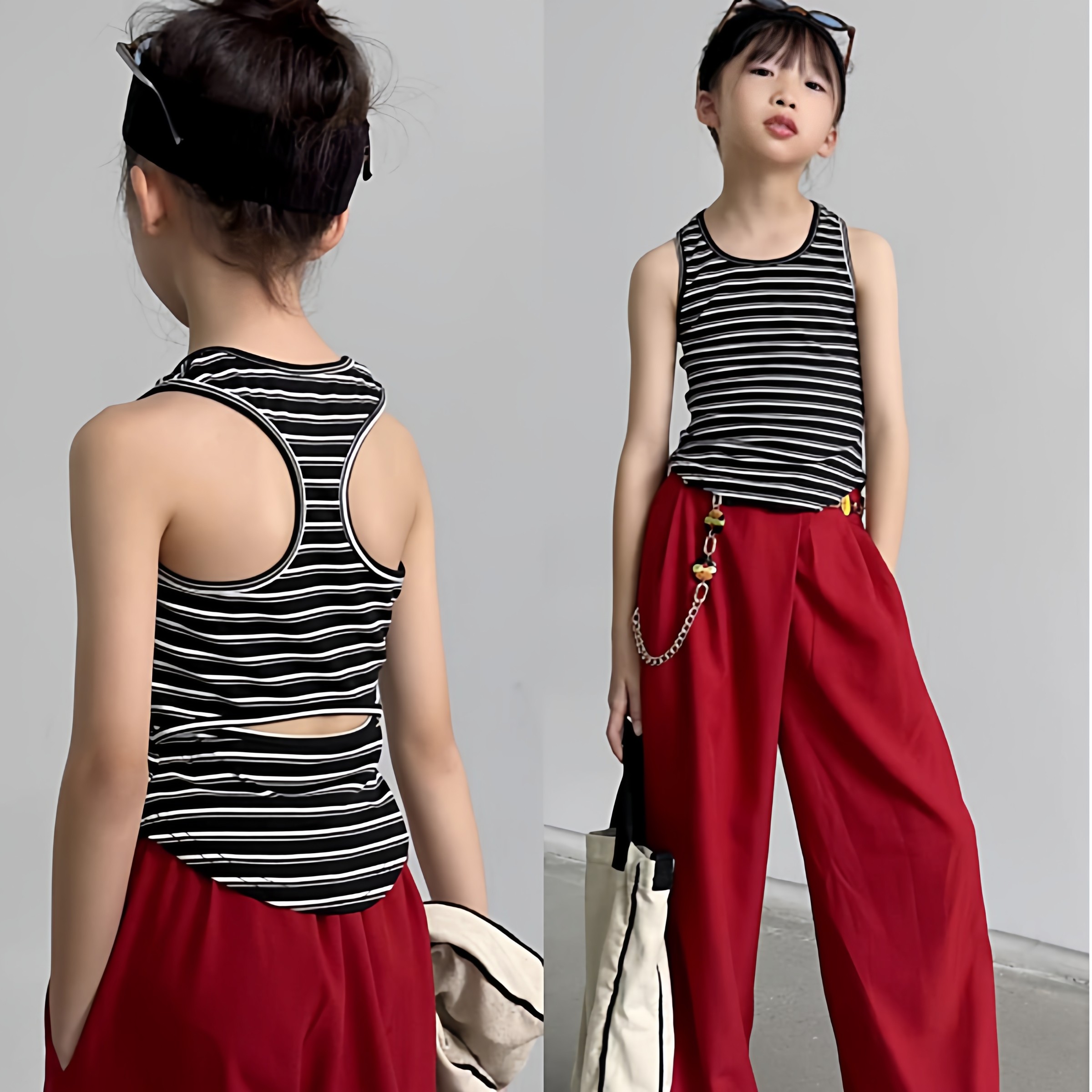露背工字型背心儿童设计感露背洋气工字外穿红色小背心女童亲子装