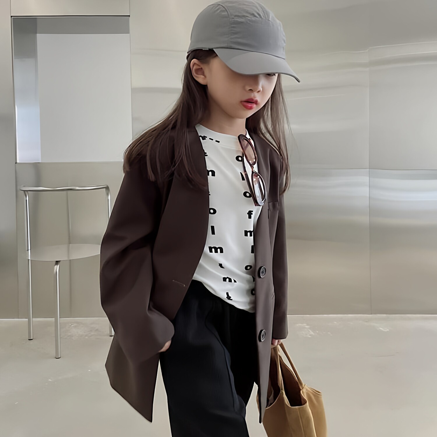 韩国豆丁童装女童中长款西服春秋男女孩休闲韩版洋气宽松西装外套