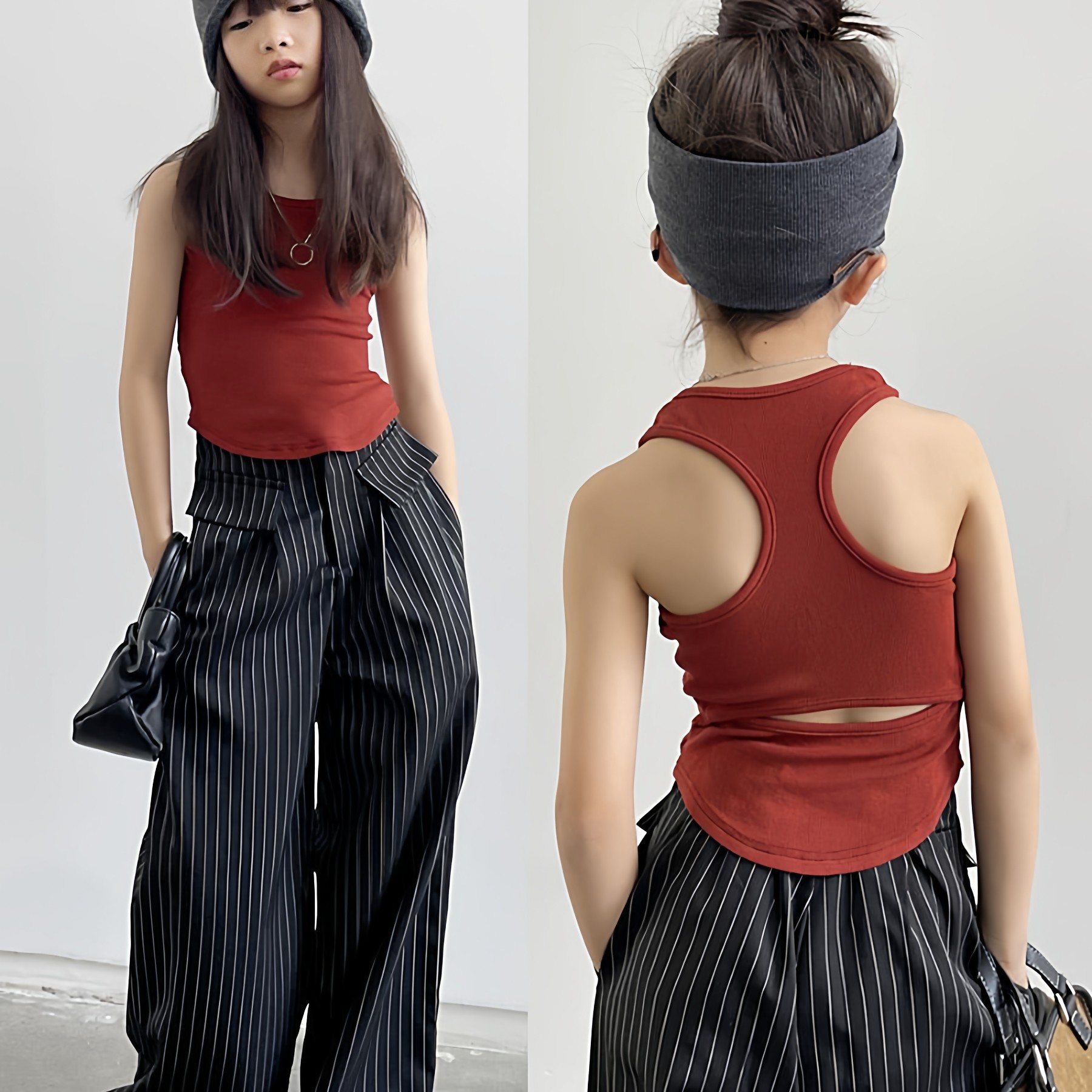 豆丁奇遇儿童设计感露背洋气工字型外穿红色背心女童亲子装大童女