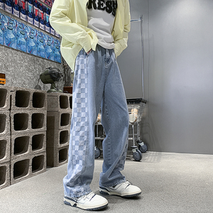 2026春季新款侧边棋盘格印花拼接牛仔裤 XZ604-KN06-P55控68图片