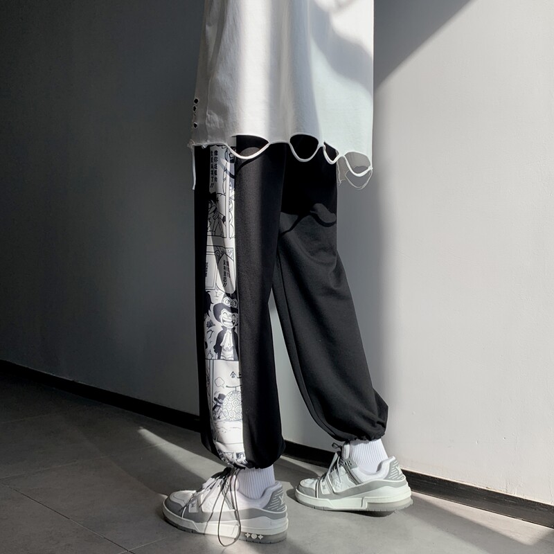 ins港风新款侧边漫画拼接九分宽松抽绳卫裤XZ604-KP23-P45控58,男装休闲裤,星座604