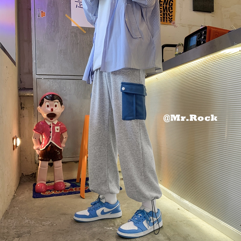 2022港风春季新款拼色口袋九分抽绳工装卫裤XZ604-KP37-P55控68,男装休闲裤,星座604