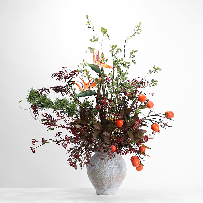 新中式仿真柿子插花花艺柿柿如意吉祥玄关家居样板间售楼处软装