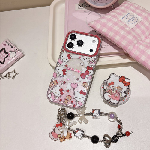 KT猫小熊磁吸支架链条适用iphone苹果17promax可爱16pro小众15少女14卡通13时尚包相机ai键双层IMD防摔手机壳