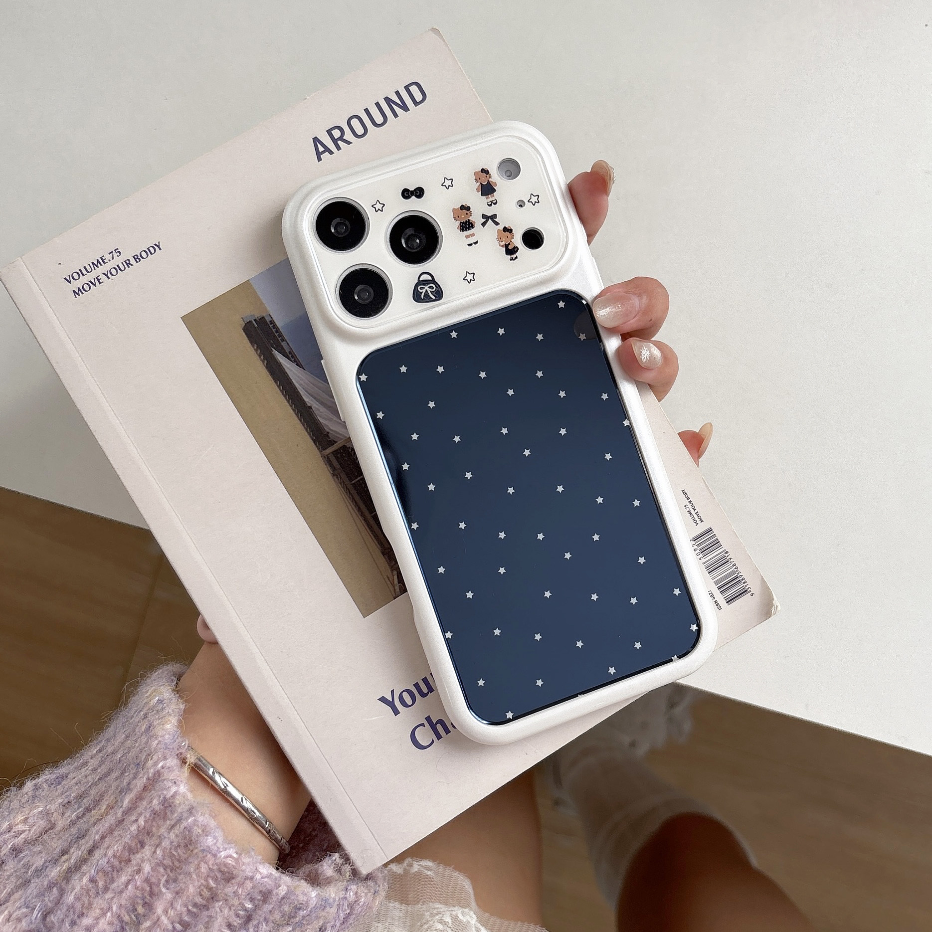 白框黑底星星适用iphone苹果17promax小众16pro可爱15女生包相机ai键秒变大视窗KT猫卡通软边硬背精孔手机壳