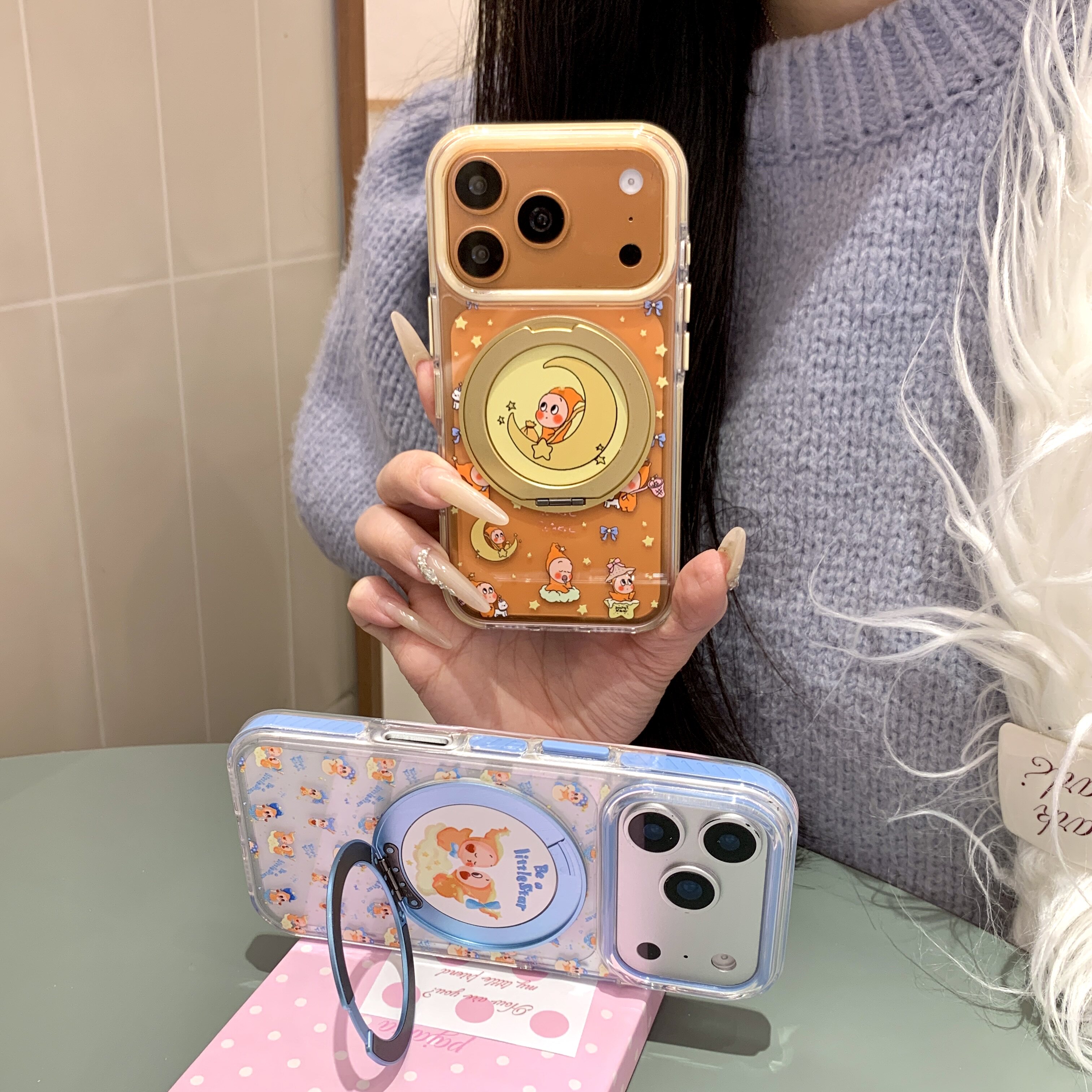 月亮星星人ins适用iphone苹果17promax卡通16pro可爱15小众14时尚13男女360旋转横竖支架磁吸无线充电手机壳