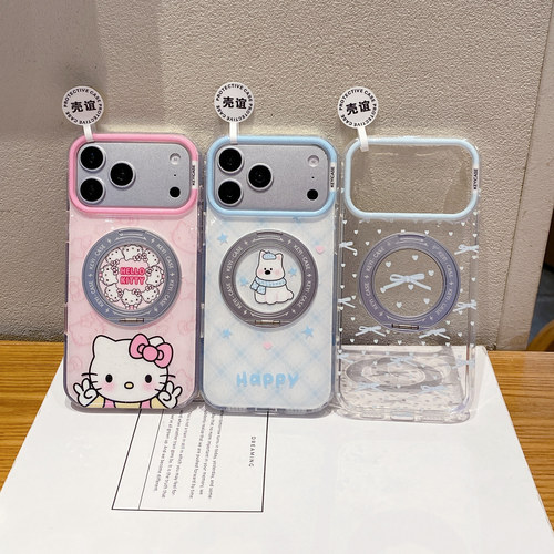KEYI蝴蝶结KT猫西高地适用iphone苹果17promax卡通16pro小众15可爱14男女13包ai键360旋转支点磁吸充电手机壳