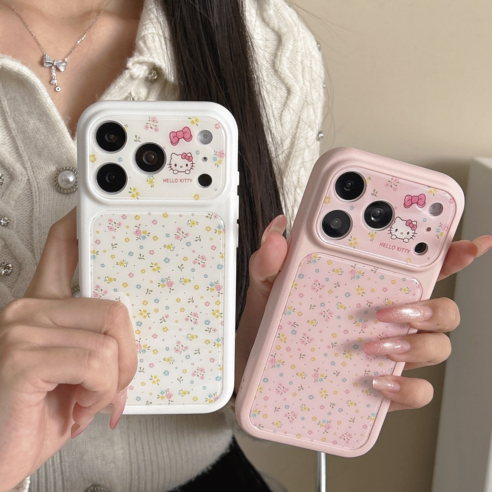 粉白碎花Kitty猫适用iphone秒变苹果17promax小众16pro可爱15女生温柔气质包相机ai键大视窗亚克力精孔手机壳