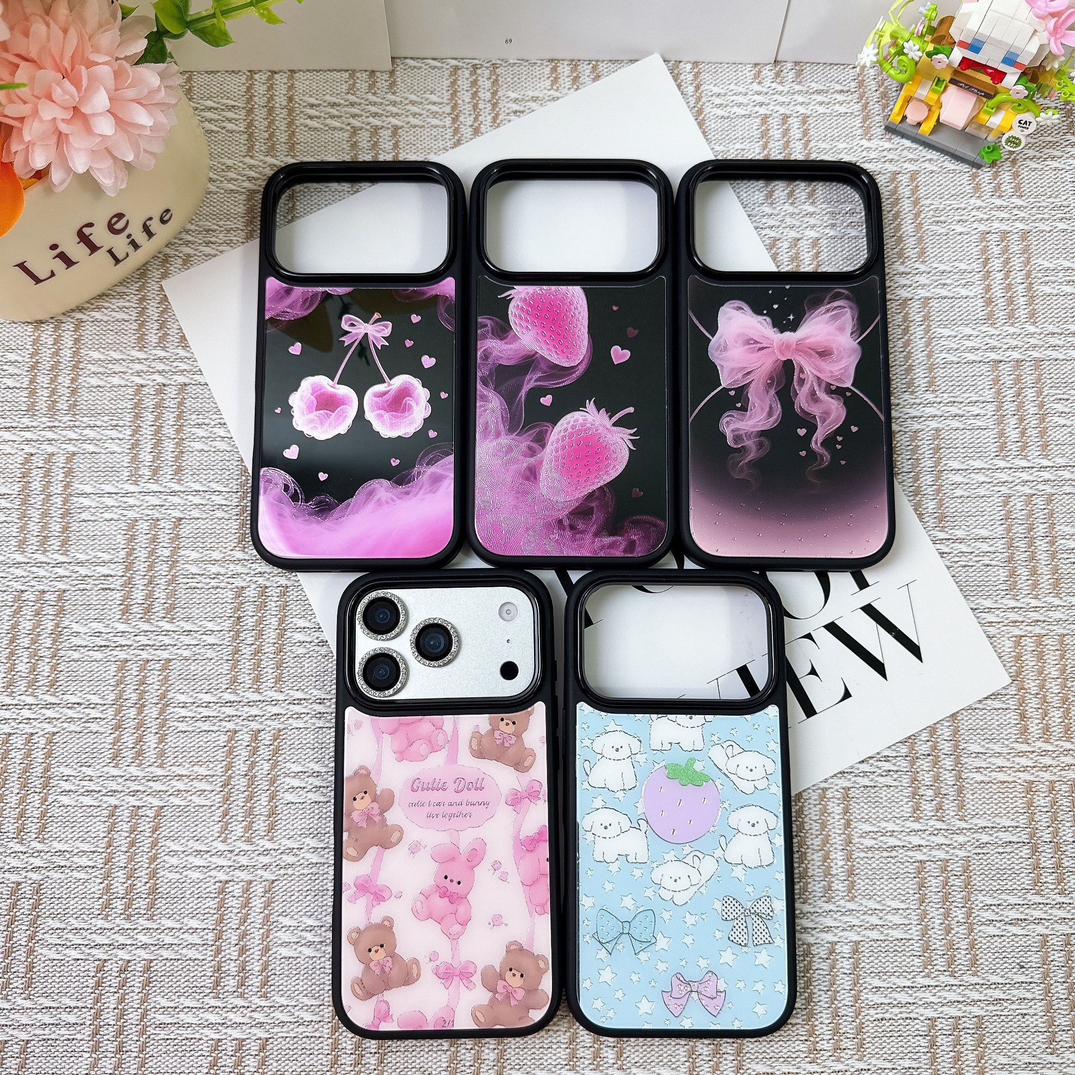 粉红草莓樱桃蝴蝶结适用17Air苹果iphone12小众13潮流